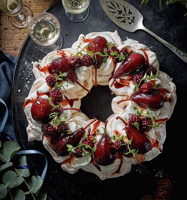 Red wine pear Pavlova wreath