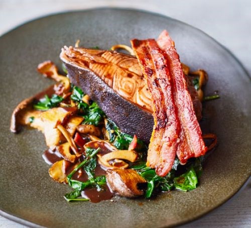 Red wine poached halibut with bacon & mushrooms