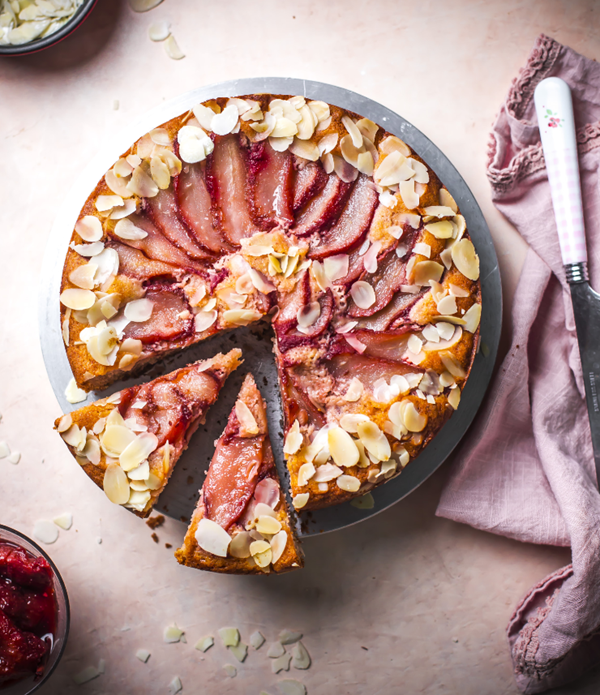 Red wine poached pear almond cake