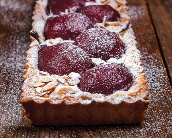 Red wine-poached pear tart