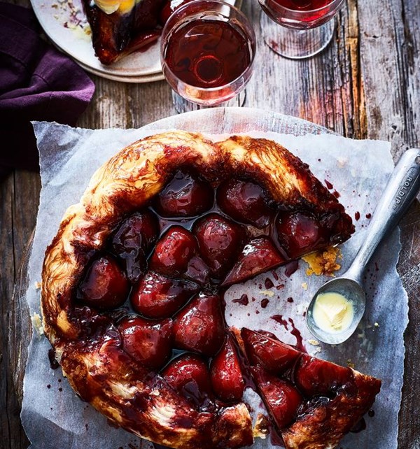 Red wine-poached pear tarte Tatin