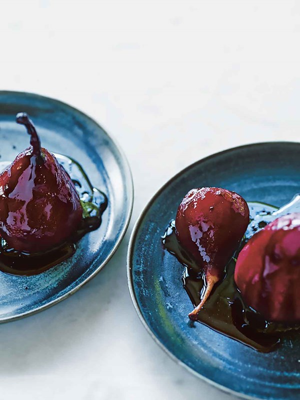Red wine poached pears
