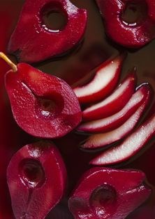 Red wine-poached pears w/ goat cheese sabayon, pumpernickel + pine nuts