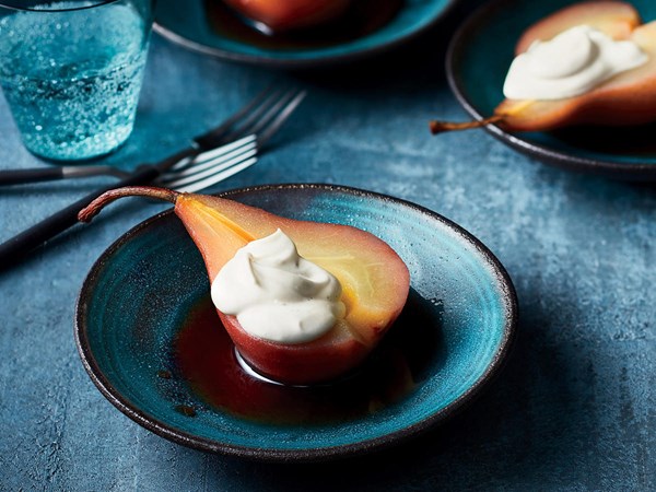 Red-wine poached pears with cardamom and vanilla mascarpone