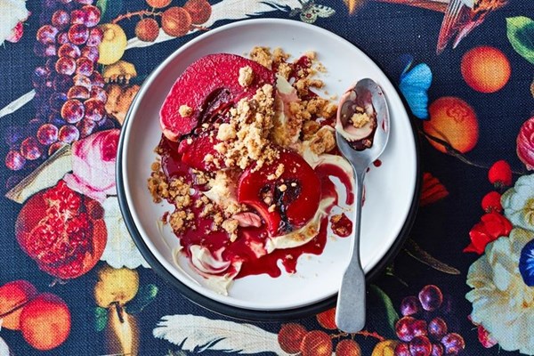 Red wine, quince & white chocolate crumble