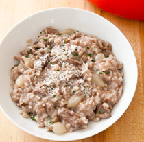 Red wine risotto with braised beef and mushrooms