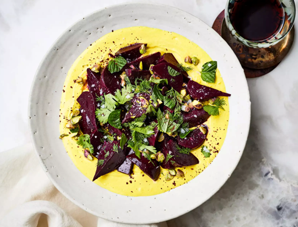 Red wine-roasted beets with tahini yogurt