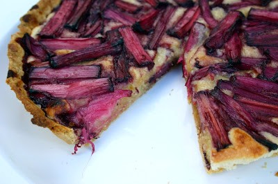 Red wine roasted rhubarb frangipane tart
