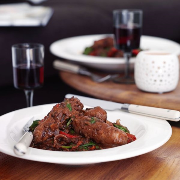 Red wine sausages with Puy lentils
