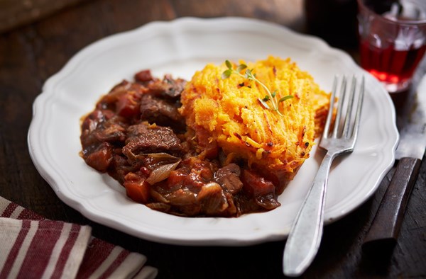 Red wine stew cottage pie with sweet potato topping