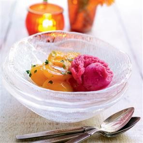 Redcurrant sorbet with baked apricots