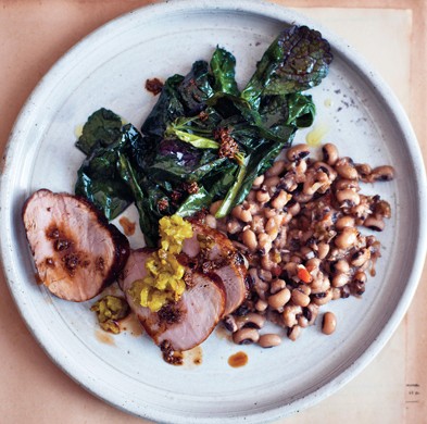 Redeye-glazed pork tenderloin with black-eyed peas
