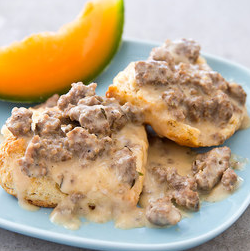 Reduced-fat biscuits and sausage gravy