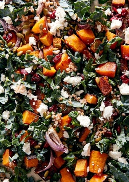 Refridge-friendly sheet-pan farro & kale salad