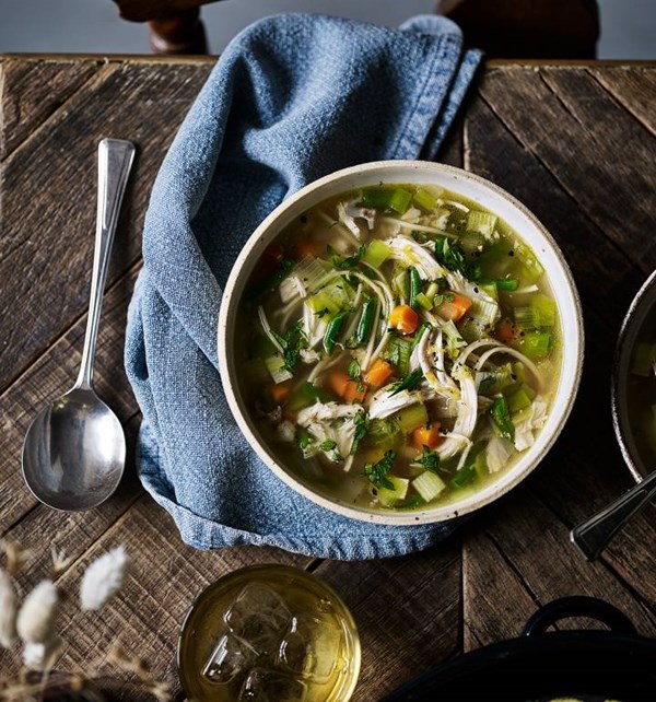 Restorative chicken and leek noodle soup