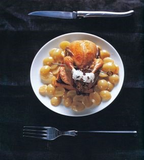 Retro quail on toast with foie gras & hot green grapes