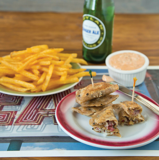 Reuben pierogies with Thousand Island dressing