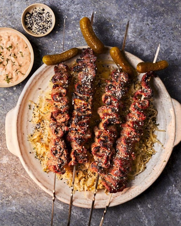 Reuben steak skewers with sauerkraut 