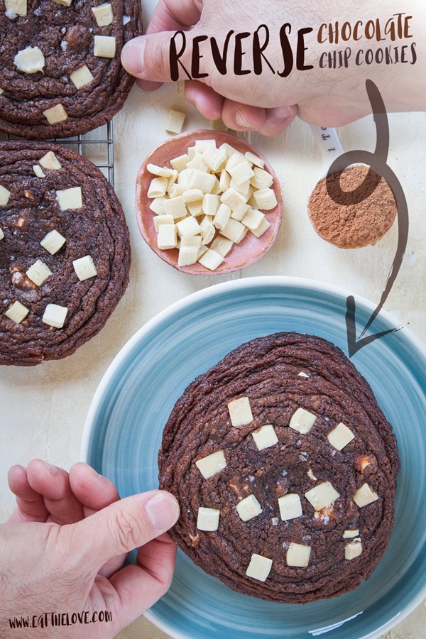 Reverse chocolate chip cookie (aka the white chocolate chip chocolate cookie), the pan-banging version