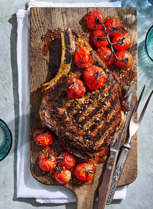 Reverse-seared ribeye steaks