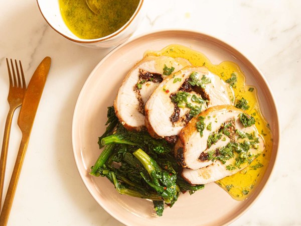Reverse-seared stuffed pork loin