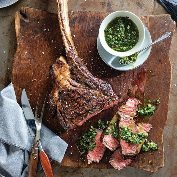 Reverse-seared tomahawk steak with chimichurri sauce