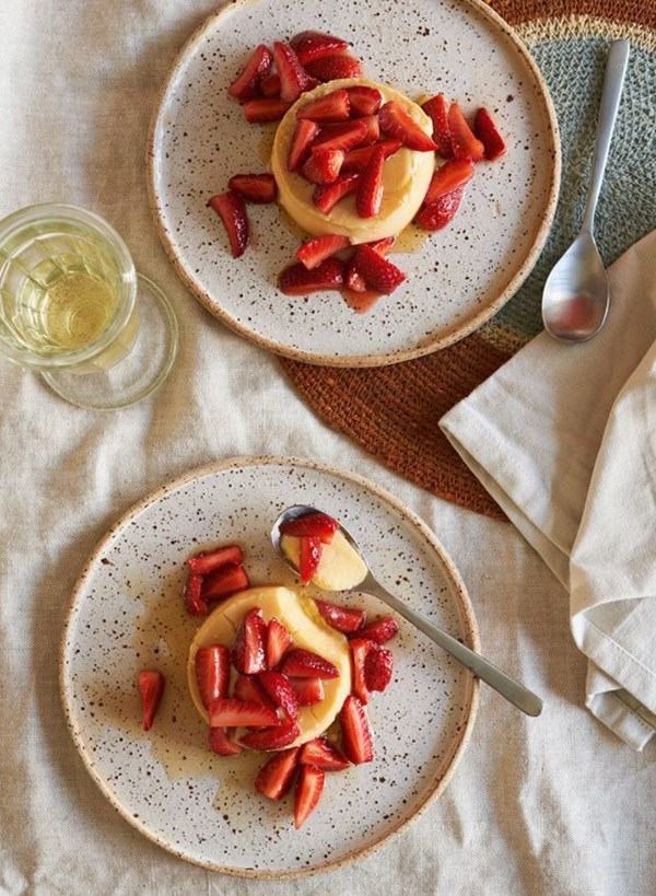 Rewarewa honey flan with sour strawberries
