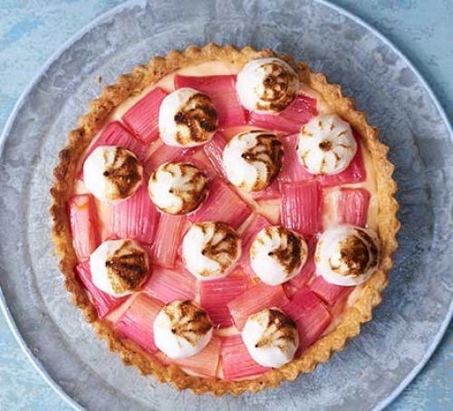 Rhubarb & custard meringue tart