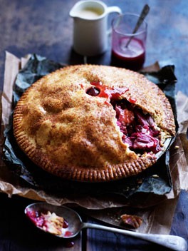 Rhubarb and apple pie with warm cinnamon custard