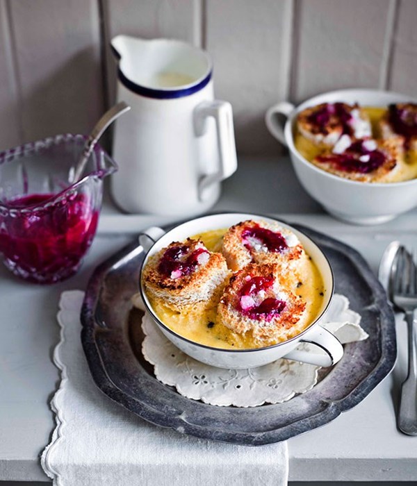 Rhubarb and custard bread pudding