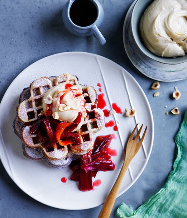 Rhubarb and custard brown-sugar waffles