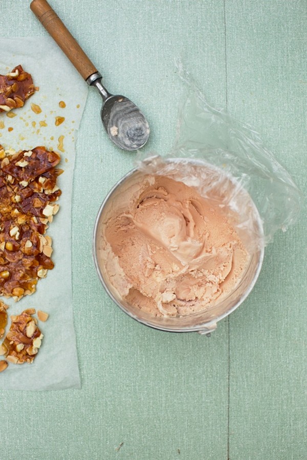 Rhubarb and custard ice-cream with almond and white chocolate brittle