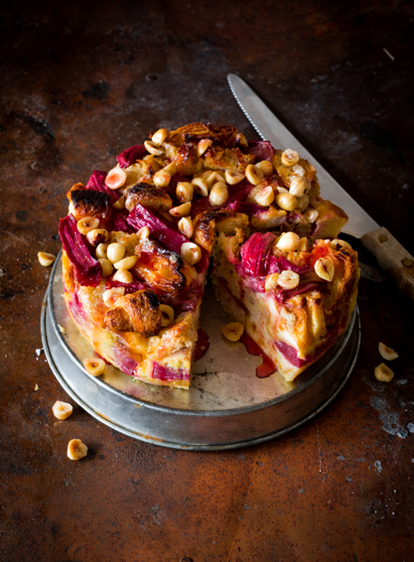 Rhubarb and hazelnut bread and butter cake