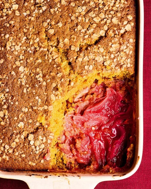 Rhubarb and oat sponge pudding