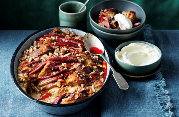 Rhubarb and pecan bread and butter pudding