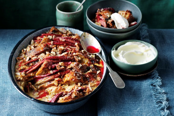 Rhubarb and pecan bread and butter pudding