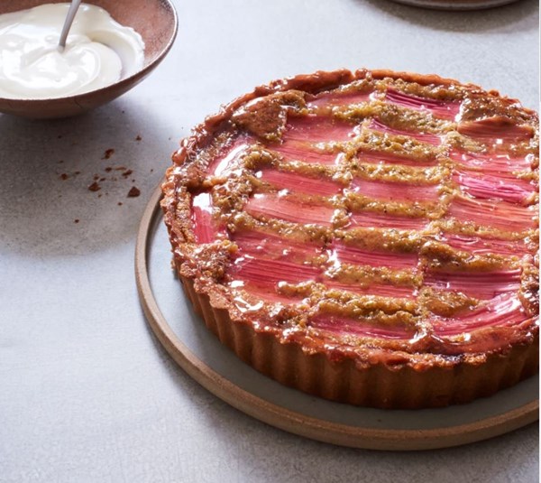 Rhubarb and pistachio frangipane tart
