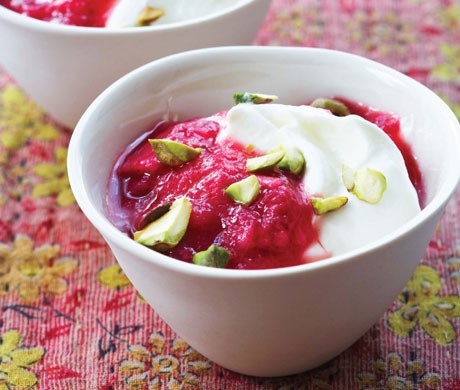 Rhubarb and pistachios over thick yogurt