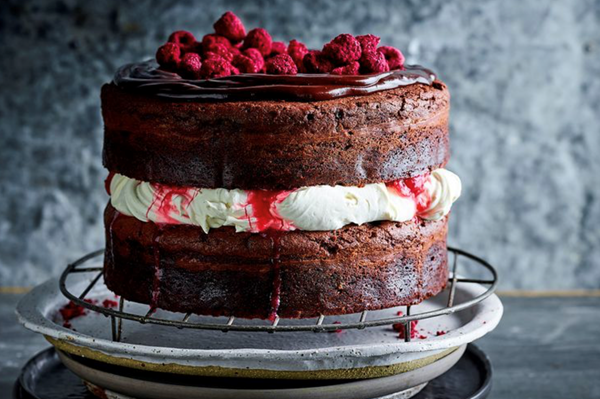 Rhubarb and raspberry Black Forest cake