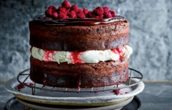 Rhubarb and raspberry Black Forest cake