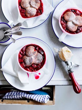 Rhubarb and raspberry cobbler with buttermilk ice-cream
