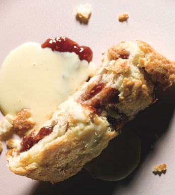 Rhubarb and raspberry jam roly-poly with vanilla custard sauce