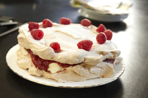Rhubarb and raspberry meringue stack