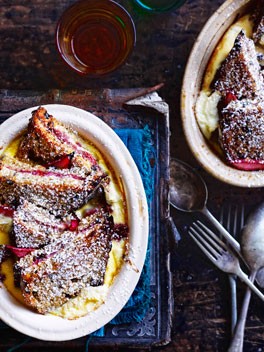 Rhubarb and ricotta bread and butter pudding