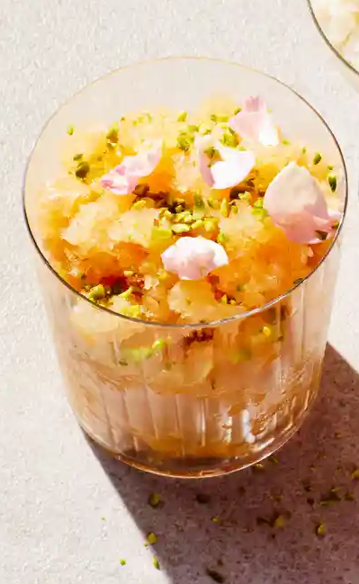Rhubarb and rose granita with pistachio
