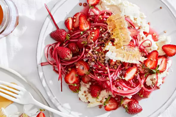 Rhubarb and strawberries with toasted buckwheat and salted honeycomb