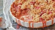 Rhubarb and strawberry crumble with lime yogurt and pistachios