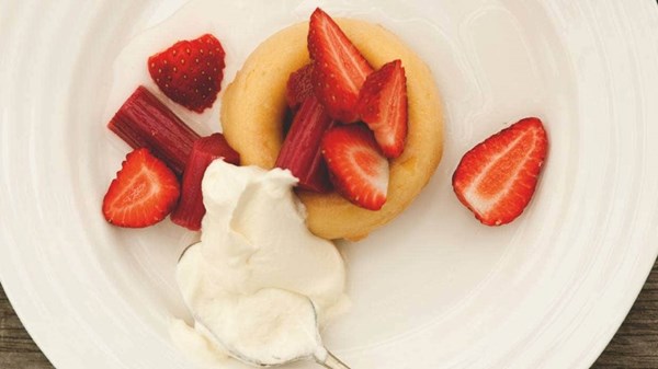 Rhubarb and strawberry savarins with whipped cream