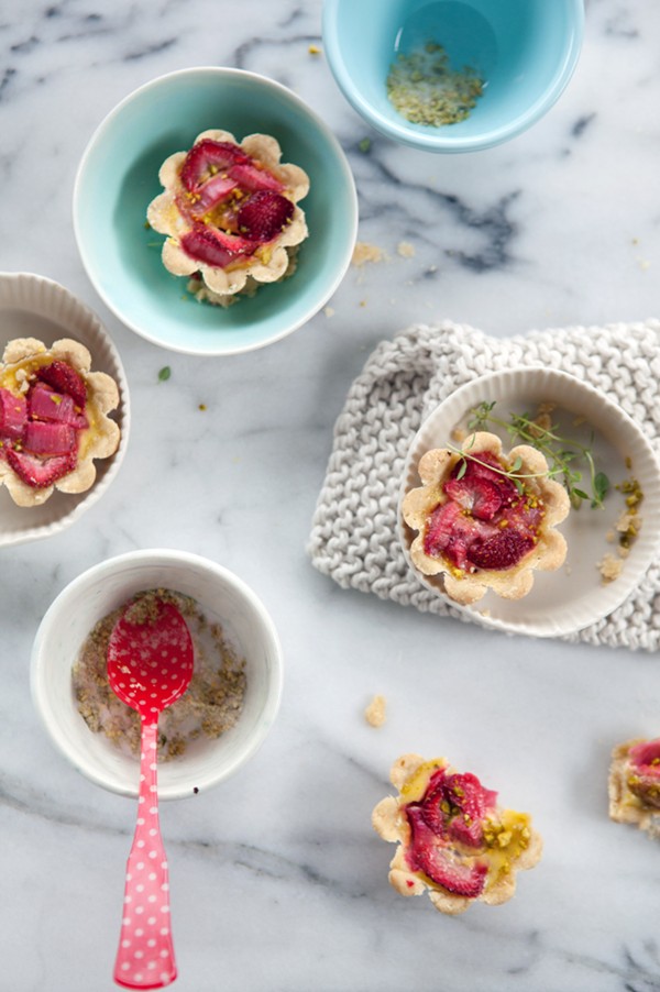 Rhubarb and strawberry tartlets scented with orange flower water and vanilla bean