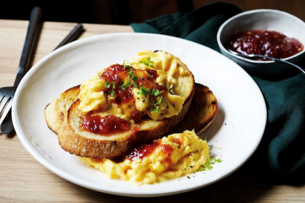 Rhubarb and sweet chilli sauce with scrambled eggs
